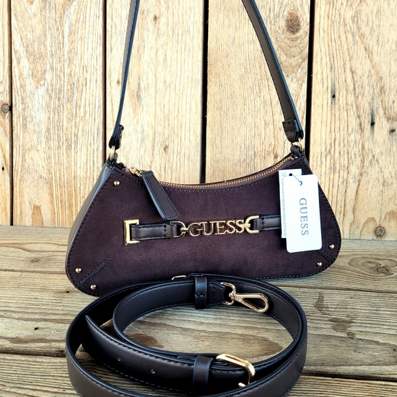 GUESS Suede Northlake Small Chocolate Tote With Crossbody Strap Handbag - Picture 2 of 8